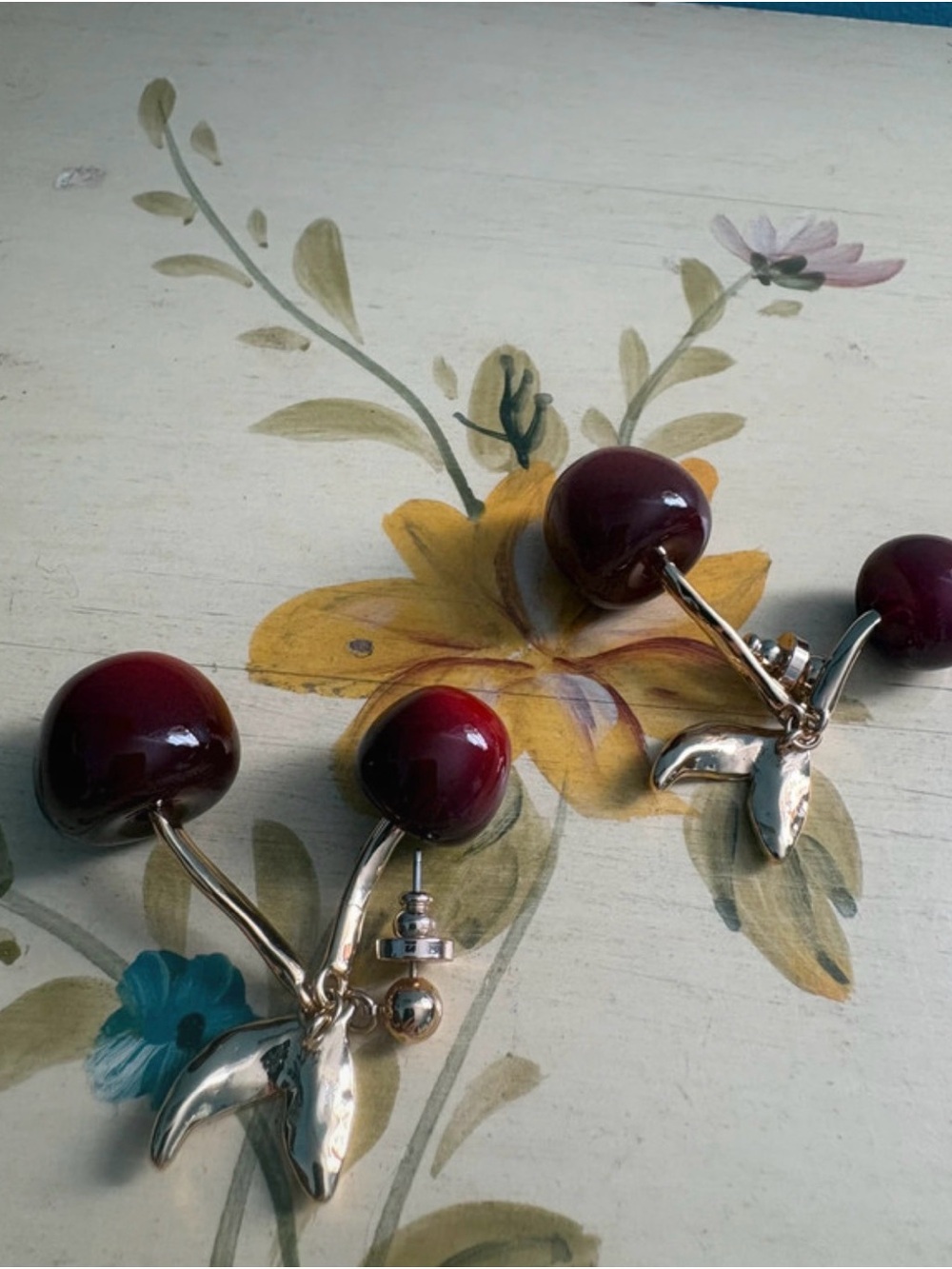 Cherry Drop Dangle Earrings - Deep Red